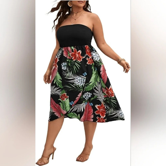 Shein-  Tropical Print Split Thigh A-Line Tube Dress - Picture 1 of 7
